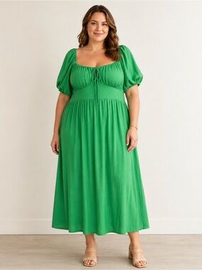 Green Smocked Midi Dress with Puff Sleeves